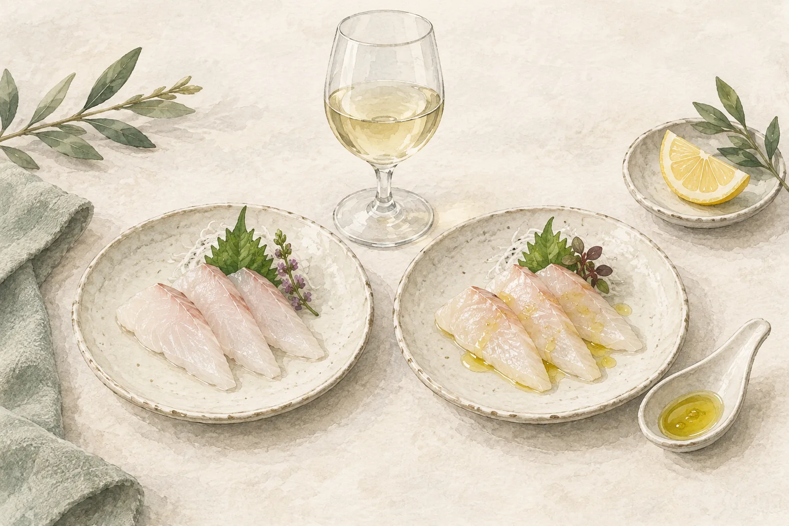 白身魚の刺身を少量ずつ二皿にとり分け、片方だけにオイルを添え、同じ白ワインで味を比べる水彩イラスト