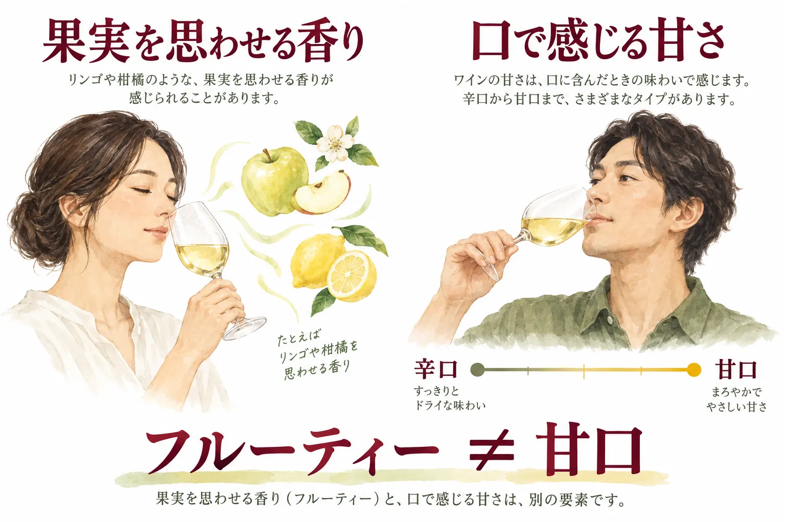 果実を思わせる香りと口で感じる甘さを別々に確かめるイメージ。フルーティーでも辛口のワインはあります。