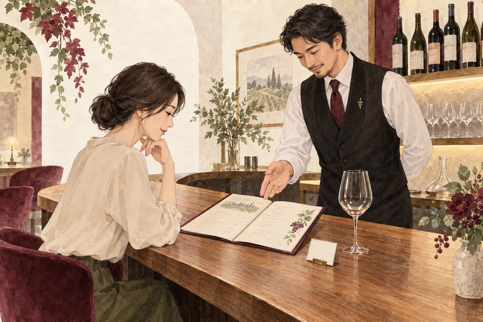 一人で訪れた客が、カウンターでメニューを見ながら店員に注文を相談するイラスト