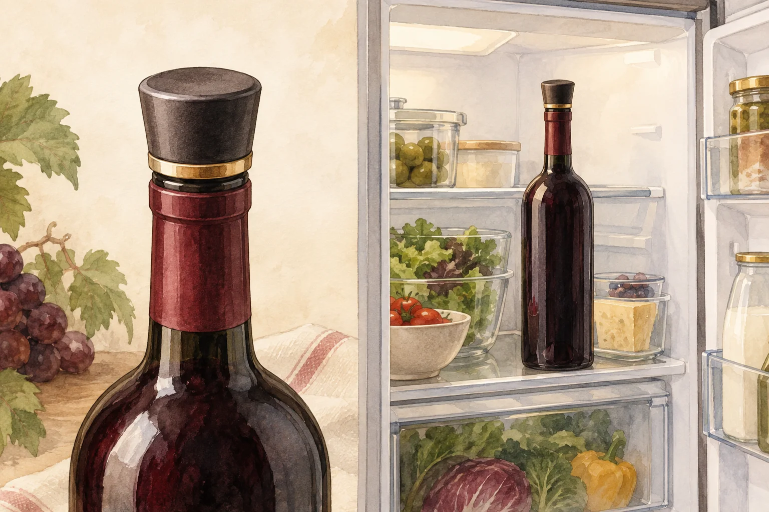 飲み残した赤ワインにストッパーをして、冷蔵庫の中に立てて保存する水彩イラスト
